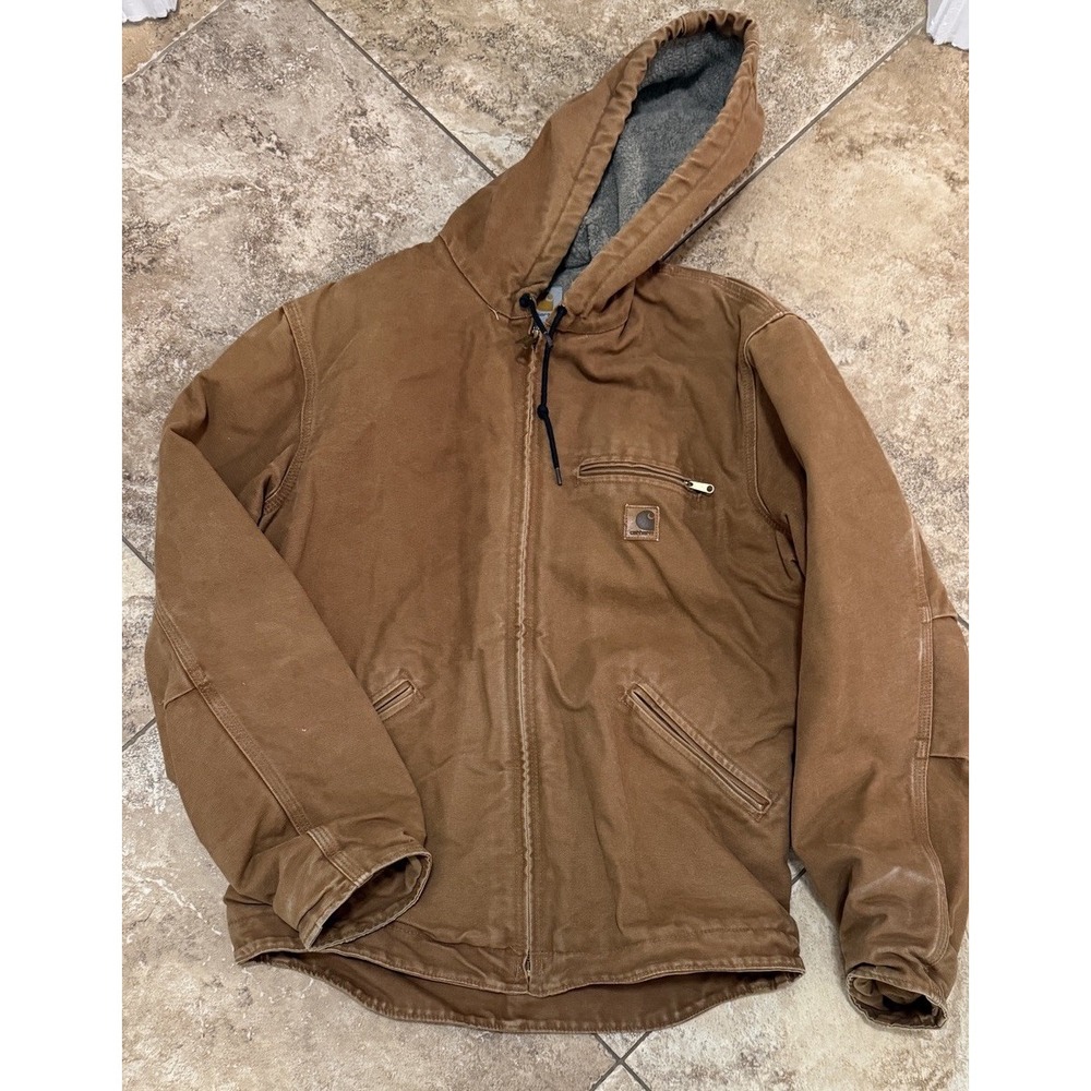 Carhartt J141 BRN Sierra Jacket Medium Brown Duck Sherpa Lined Hooded Workwear